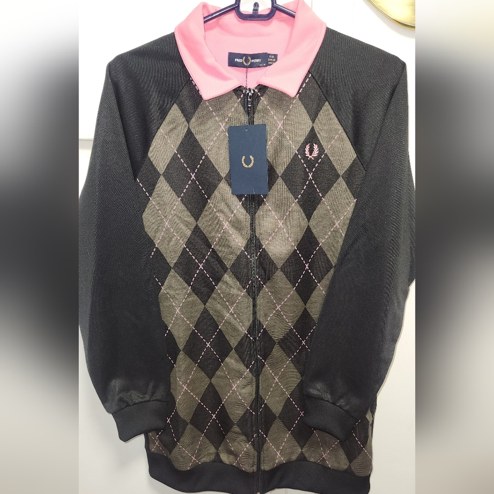 NWT FRED PERRY PINK BLACK ARGYLE SALESMAN TRACK JACKET SZ.6